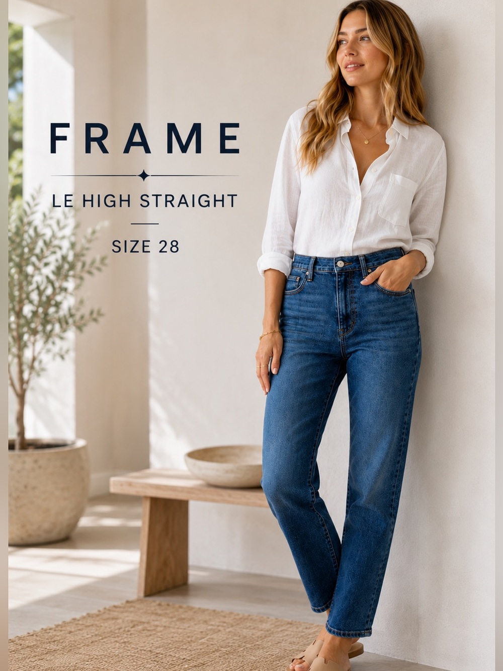 FRAME Le High Straight High Rise Crop Stretch Jeans Blue Size 28